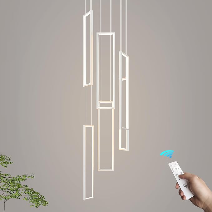 Modern Adjustable Height Pendant Light White 108W LED Pendant Lights 6 Rings Rectangular Chandelier Staircase Large Chandelier Lobby Living Room Kitchen Island Foyer High Ceiling Chandeliers