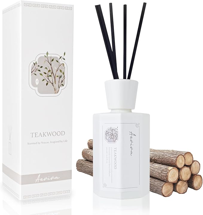 Reed Diffuser Set, 6.7 oz Teakwood Scented Reed Diffusers for Home with Sticks, Home Fragrance Oil Scent Diffuser for Bathroom, Decor & Gift
