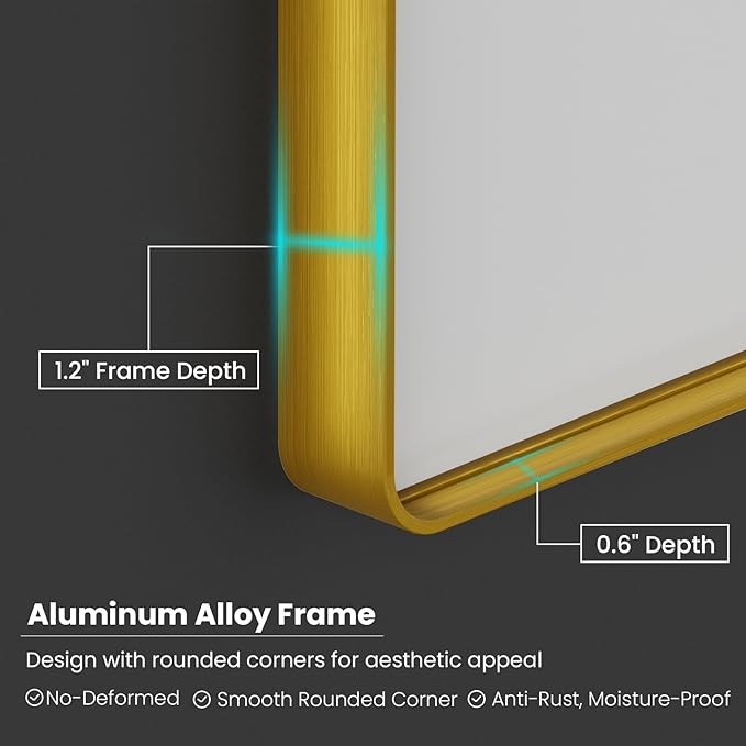 Gold Bathroom Mirror, 60x36 Inch Brushed Gold Metal Frame Mirror for Wall, Rounded Rectangle Bathroom Vanity Mirror, Tempered Glass, Anti-Rust, Horizontal/Vertical