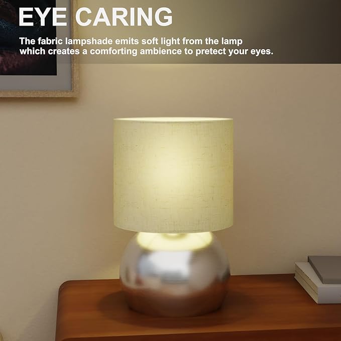 Set of 2 Small Silver Spherical Base Bedside Table Lamp with Textured Linen Shade (Bulb Included)