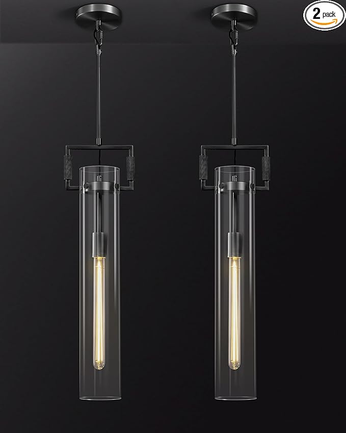 Modern Black Pendant Lights Set of 2, 21.6'' kitchen pendant lighting over island, Indoor Adjustable Height Glass Pendant Light Fixtures, Large Pendant Lights Kitchen Island, E12 Bulb Included