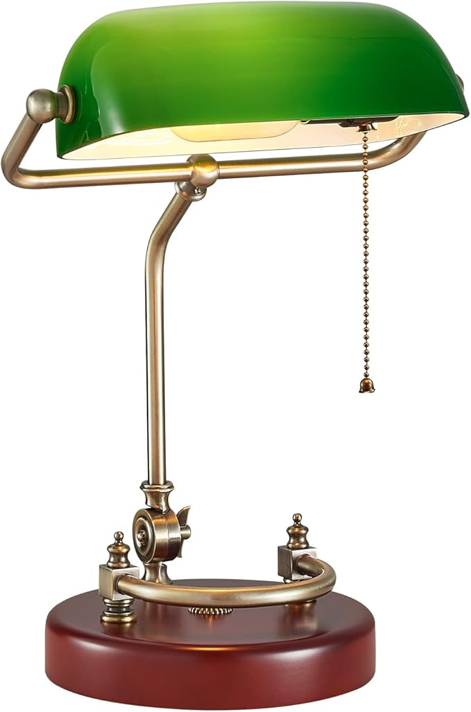 Bankers Lamp, Traditional Green Desk Lamp with Solid Birch Wood Base, Green Glass Antique Library Lamp with Pull Chain Switch, Plug in Vintage Bankers Desk Lamp for Office, Study Room 【E26 Socket】