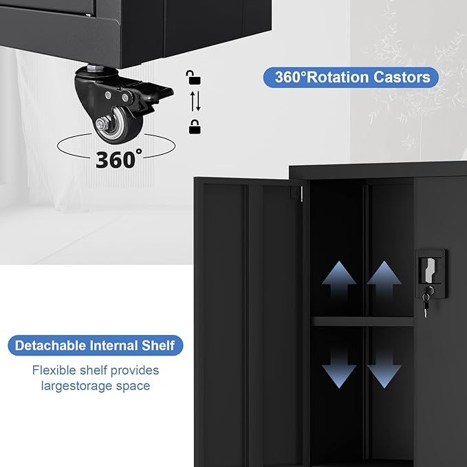 Metal Storage Cabinet with Wheels,Lockable Steel Rolling Storage Cabinet with 2 Doors for Garage,Home Office,Assembly Required,Black