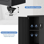 Metal Storage Cabinet with Wheels,Lockable Steel Rolling Storage Cabinet with 2 Doors for Garage,Home Office,Assembly Required,Black