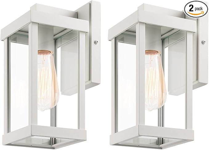 mirrea 11" Classic Outdoor Wall Sconce 1 Light in Rectangular Metal Frame and Clear Glass Shade Waterproof Porch Light Patio Light Pack of 2 (Matte White)