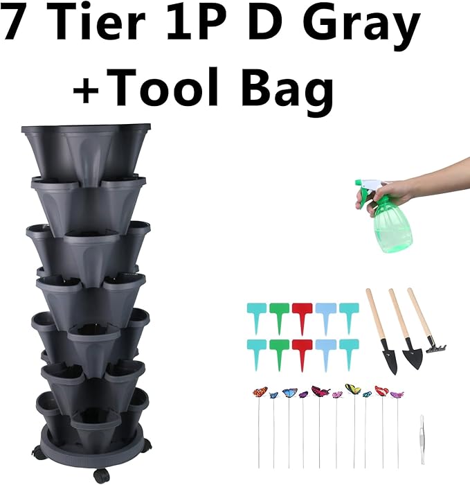 Vertical Planter, 7 Tier Stackable Strawberry Planter with Garden Tool Set, Movable Indoor/Outdoor Garden Herb Pot for Growing Vegetables and Succulents, Dark Gray