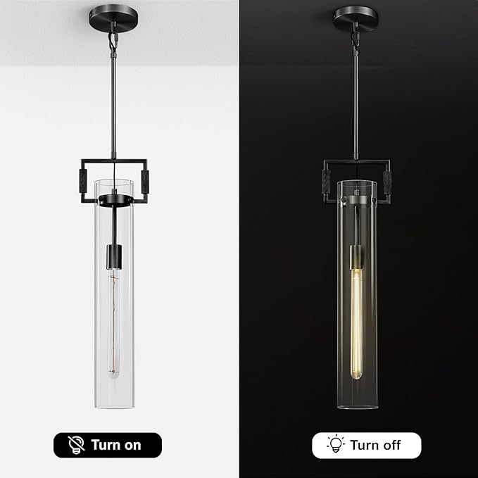 Modern Black Pendant Lights Set of 2, 21.6'' kitchen pendant lighting over island, Indoor Adjustable Height Glass Pendant Light Fixtures, Large Pendant Lights Kitchen Island, E12 Bulb Included