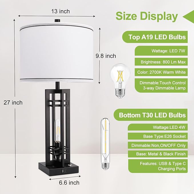 27" Touch Control Farmhouse Table Lamps, Set of 2 Tall Rustic Table Lamps 2-Light Design with USB A+C Ports, Bedside Lamps with White Shade for Living Room Home Office, 4 LED Bulbs Included