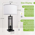 27" Touch Control Farmhouse Table Lamps, Set of 2 Tall Rustic Table Lamps 2-Light Design with USB A+C Ports, Bedside Lamps with White Shade for Living Room Home Office, 4 LED Bulbs Included