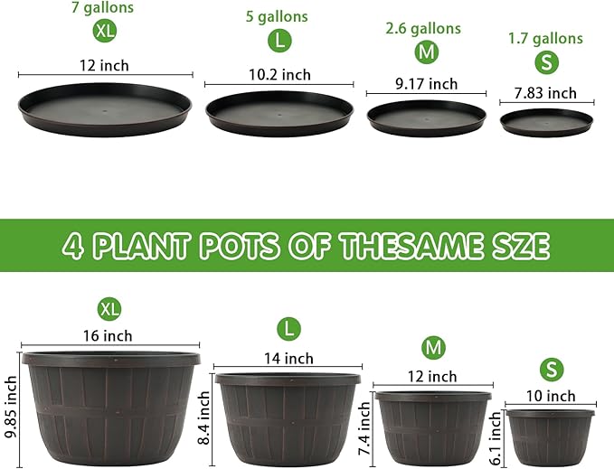 Quarut 12 Inch Large Planter Pot for Plants Indoor Outdoor, 4 Pack Plastic Flower Pots with Drainage Hole & Tray, Modern Decorative Garden Pot with Saucer, Plant Container for House（Brown）