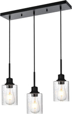 Modern 3-Light Pendant Island Light Fixture Black Ceiling Hanging Lights with Clear Seeded Glass and Adjustable Cord,Industrial Pendant Lighting for Kitchen Living Room Dining Room Foyer