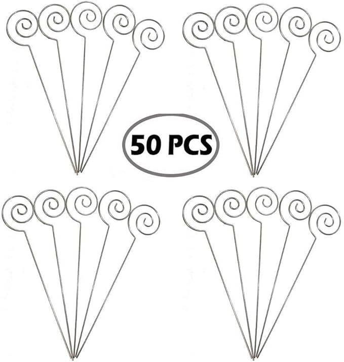 HOHIYA 50pc Floral Card Holder Pick Stick Wire Clip Photo Picture Centperieces Memo Note Clamp Clay Cake Accessories Silver 5 Inch