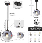 KCO Lighting Mercury Glass Pendant Light Fixtures Mid Century Modern Silver Kitchen Island Pendant Lights Ceiling Hanging Black Large Globe Pendant Light for Living Room Dining Room