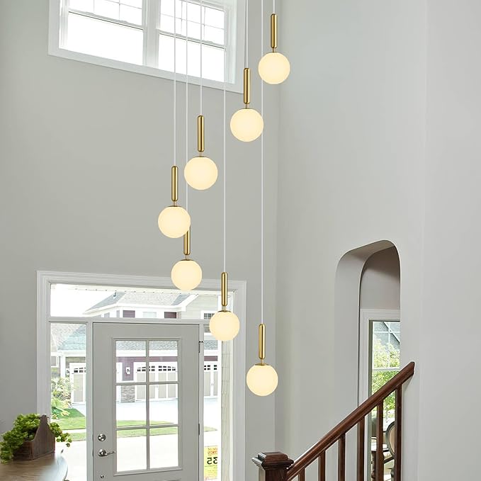 7-Lights Gold Chandelier with Milk White Glass Hanging Fixture Light for Kitchen Island Mid Century Modern Globe Pendant Light for Foyer Living Room Entryway Hallway