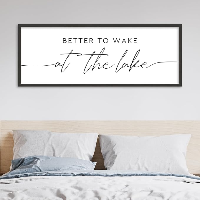 SRSZHIYUE Better To Wake At The Lake Wall Decor Above Bed Sign 40"×15" for Lake House Bedroom Over Bed Large Wood Framed Wall Hanging Art (Black)
