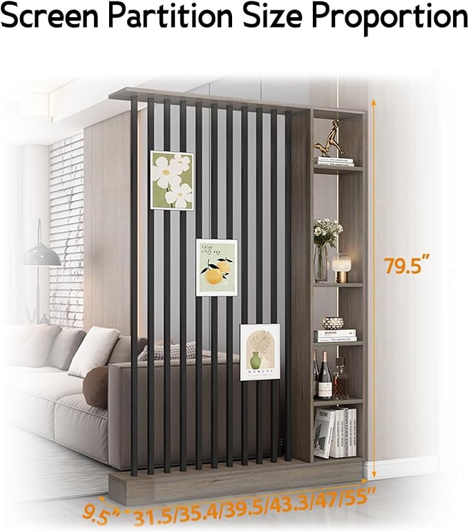 Wall Room Divider, Storage Cabinet Storage Display with Shelves, Modern Freestanding Wood Room Divider Screen, Wall Privacy Screens for Home Decorative (Grey Oak+Black,55" L x 9.5" W x 79.5" H)