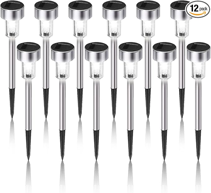 Solar Lights Outdoor Waterproof, Stainless Steel LED Landscape Lighting, Solar Garden Lights Solar Powered, Outdoor Solar Lights for Yard, Pathway, Walkway, Patio , Lawn - 12 Pack ( Cold White )