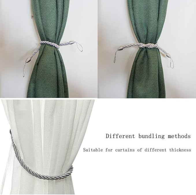 BEL AVENIR Curtain Ropes Tiebacks Tie-Backs, Curtain Handmade Holdbacks with 2 Metal Screw Hooks - Silver 2 Pack