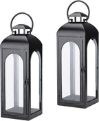 Bdor 2 Pack Luxury Black Metal Lanterns – 16" Tall Modern Hurricane Candle Lanterns with Tempered Glass Panels for Front Porch, Tabletop, Mantel, Wall Hanging, Garden, Indoor & Outdoor Décor