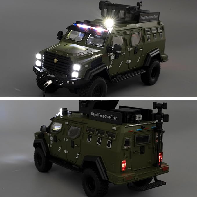 Compatible for 1:24 Saber-Toothed Tiger Alloy Armored Car Model, Collectible Diecast Armoured Explosive Protected Vehicle Toy, Pull Back Toy Car with Sound and Light for Adult Kids (Green)
