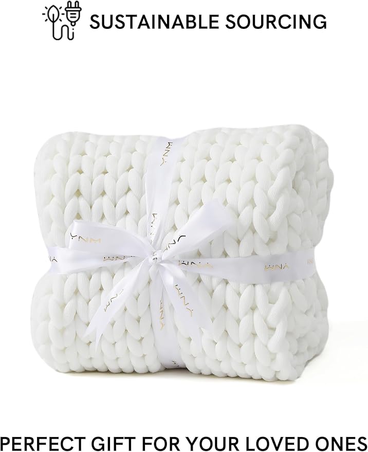 YnM Chunky Throw Blanket, Medium-Weight, Hand Knitted, Skin Friendly, Ventilated and Breathable, Machine Washable, Home Décor Piece for Couch, Sofa and Bed (White, 40x50 Inch)