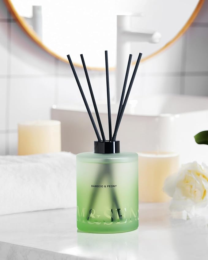 M&SENSE Bamboo Peony Reed Diffuser Set - 16.9 fl oz Non-Toxic Natural Scented with Sticks, Long-Lasting Essential Oil Diffuser Gift for Bedroom, Bathroom & Office Decor