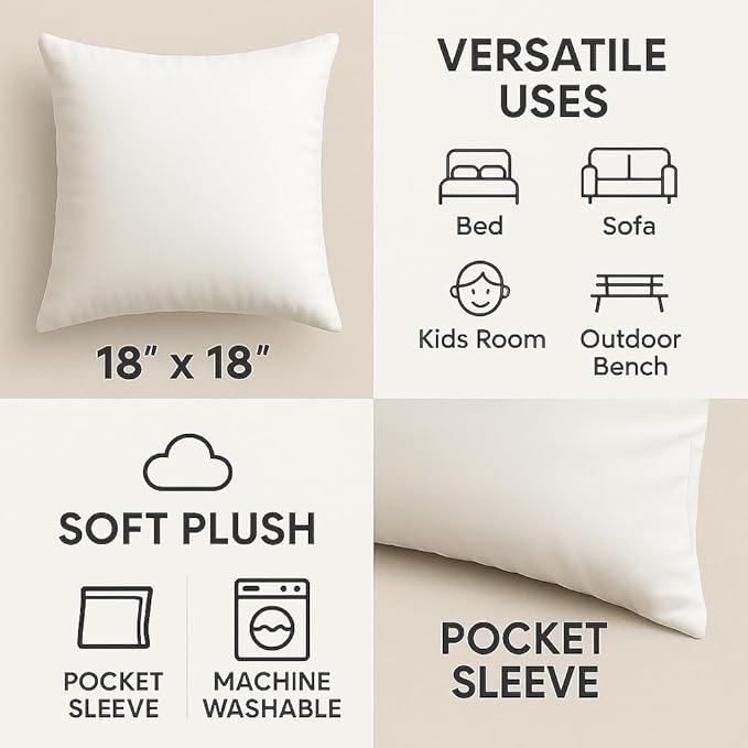 Throw Pillow Inserts, Set of 4 Lightweight Down Alternative Polyester Pillow, Couch Cushion, Sham Stuffer, Machine Washable. (White, 18x18)