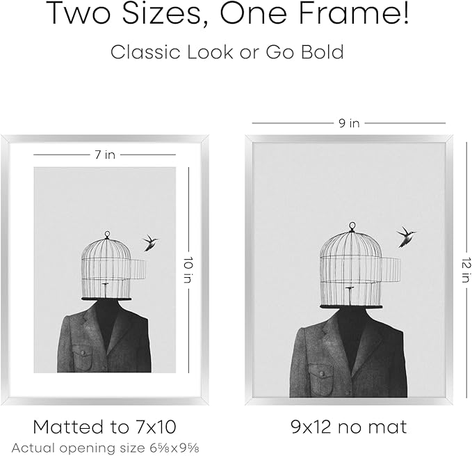 Homeforia 9x12 Picture Frame Silver, High End Metal 9 x 12 Frames with Mat 7 by 10 inch Photo, 9by12 Poster Frame Matted to 7x10 Print, 12x9 Wall or Tabletop Frames, Tempered Glass, Wall Kit, Set of 1