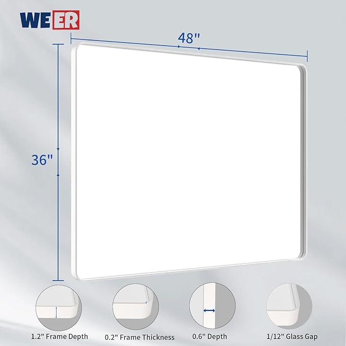 WEER White Bathroom Mirror 48X36 Inch, Rounded Rectangle White Metal Frame Mirror, Matte White Bathroom Vanity Mirror with Tempered Glass, Anti-Rust, Hangs Horizontally or Vertically