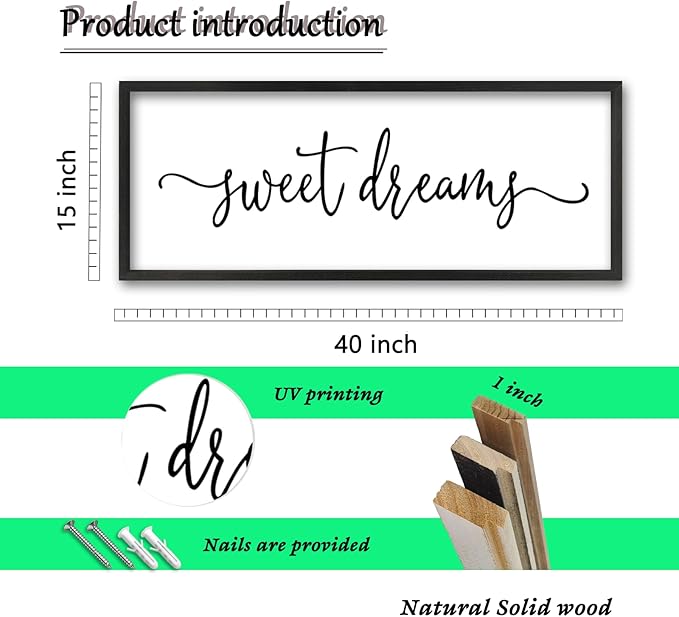 Sweet Dreams Above Bed Wall Decor Sign 40"x15" for Master Bedroom Over Bed Guest Room Wood Framed Wall Art (Black)