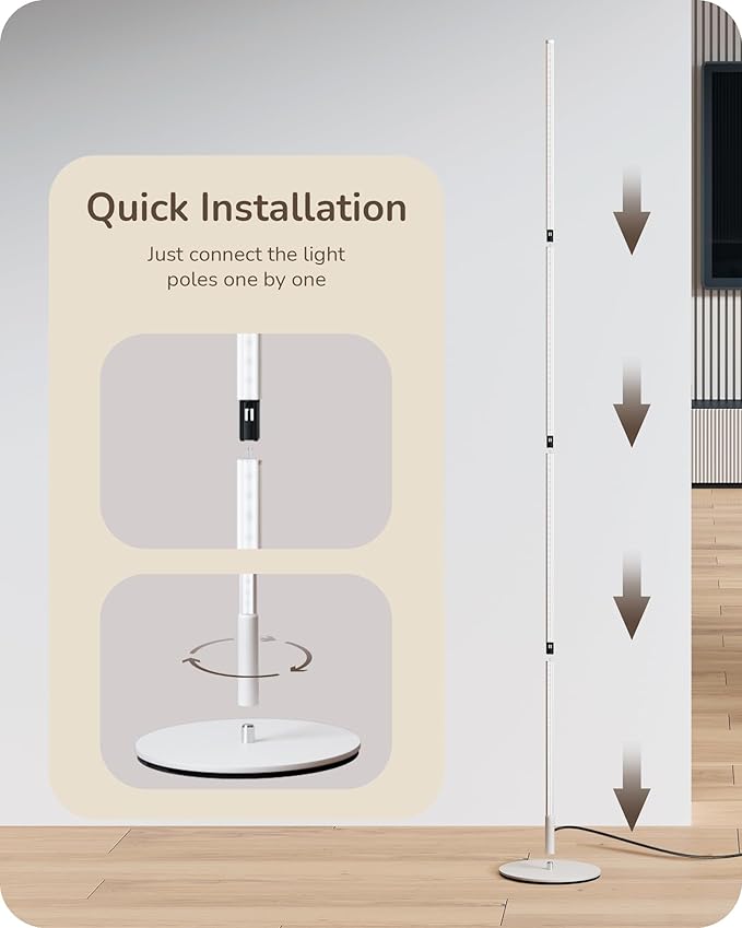 EDISHINE Corner LED Floor Lamp, 57.5" Dimmable Corner Light with Remote, 3 Color Temperature 3000K-4500K-6000K, Minimalist Floor Lamp for Bedroom, Living Room, Office, White