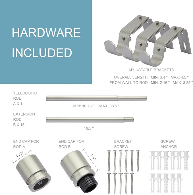 Curtain Rods for Windows 16 to 240 Inches Adjustable Length 1 Inch Diameter Window Curtain Rod with Aluminium End Cap, Brushed Nickel