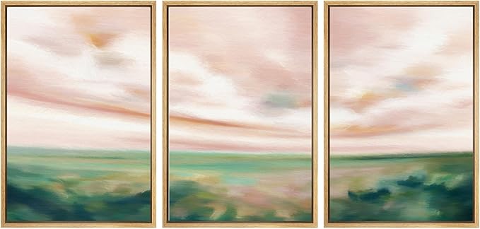 SIGNWIN Framed Canvas Print Wall Art Set Pastel Watercolor Pink Cloud Sky Green Countryside Hill Nature Wilderness Illustrations Modern Art Decorative Scenic for Bedroom - 24"x36"x3 Natural