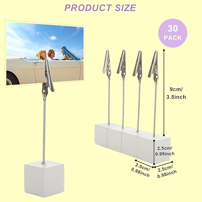 30 Pcs Place Card Holder Cube Photo Clips Holder with Alligator Clip, Table Number Holders Cube Base Memo Clips Holders for Wedding, Anniversary Party, Birthday Party, Restaurant - 4.7x1 Inch