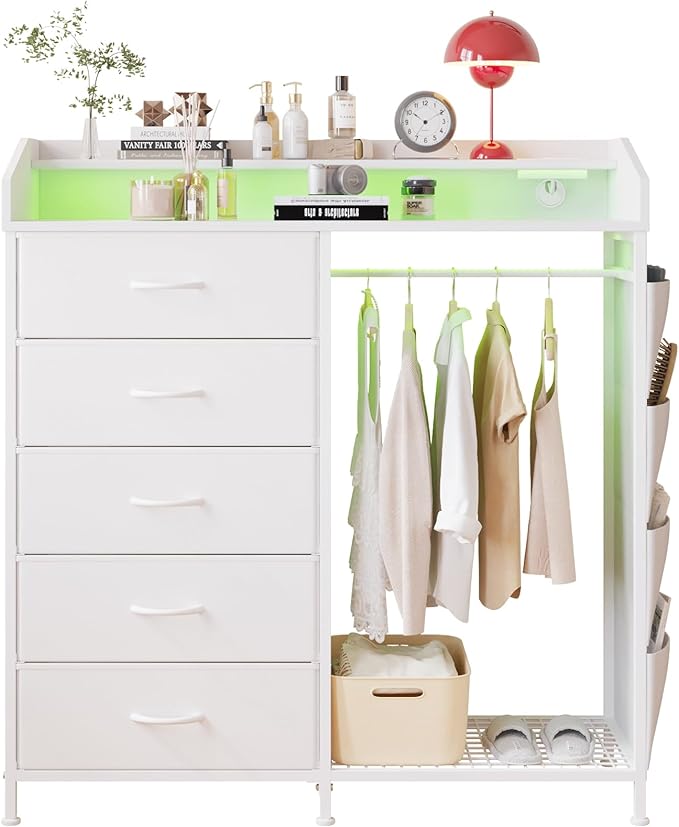 LUMTOK Modern 5 Dresser with LED Hanging Rack, Dresser with Clothes Rack, Hanger Rack, and Storage Drawers, Drawer Dressers with Coat Racks for Bedroom Living Room, Entryway, Closets (White)