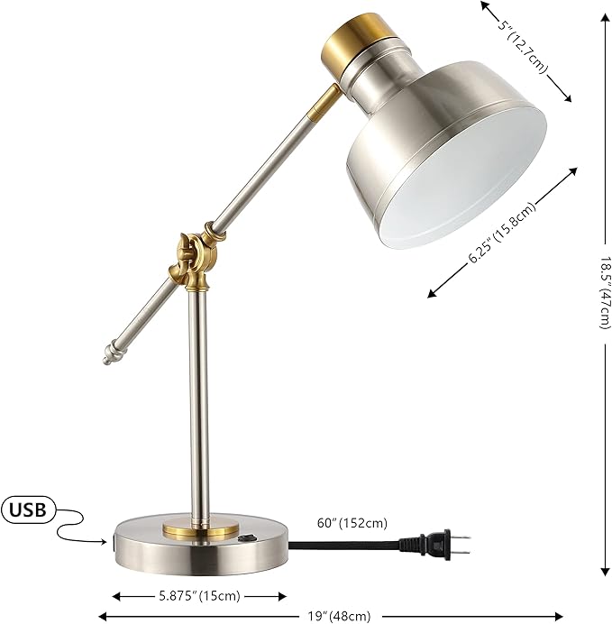 JONATHAN Y JYL7124B Allegra 18.5" Adjustable Cantilever LED Task Lamp, USB Charging Port, Classic, Coastal, Industrial, Farmhouse, Traditional for Bedroom, Living Room, Office, Nickel/Brass Gold