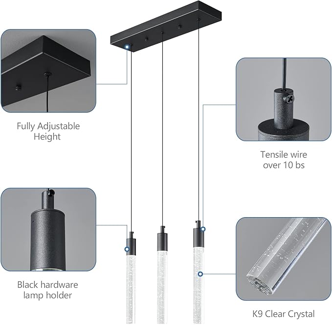 Kitchen Island Lighting Modern Light Fixture Black Pendant Light Dimmable LED Black Finish Mini Crystal Pendant Lights for Dining Room Living Room（3-Light ）