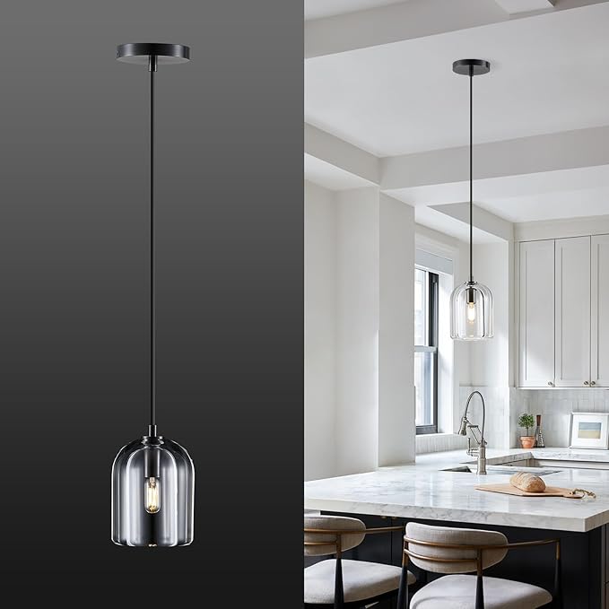 Pendant Light for Kitchen Island, Black Modern Crystal Glass Modern Pendant Lights, Dome Pendant Light in Kitchen Island, E12 Bulb Indoor Island Pendant Lights,for Dining Room,Living Room