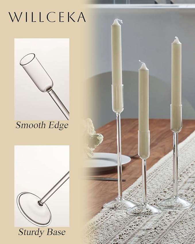 Candle Holder, Glass Taper Candle Tall Candlestick Holder, 3 Different Heights, for Table Centerpiece, Wedding, Party, Clear, 6pcs
