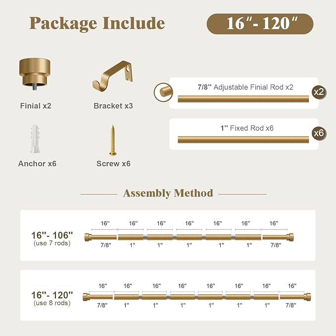 Oneach Gold Curtain Rods for Windows 66 to 120 Inch, 1 Inch Pole Adjustable Length Heavy Duty Metal Curtain Rod Set, for Outdoor Bedroom Kitchen Living Room (16 to 120 Inch)