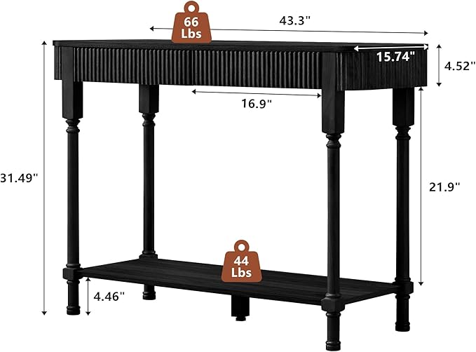 43.3”Console Table with 2 Drawers, Modern Retro Entryway Table with Fluted Panel & Storage Shelf, Narrow Wood Behind Couch Sofa Table for Living Room, Foyer, Hallway(Black)