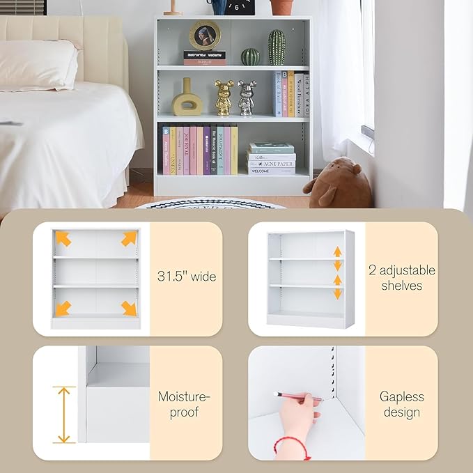 3-Tier Bookshelf with Adjustable Shelves, White Metal Space Saving Storage Shelf Bookcase, Small Open Storage Shelf for Living Room, Home Office, Dinning Room, Pantry (White-36H)