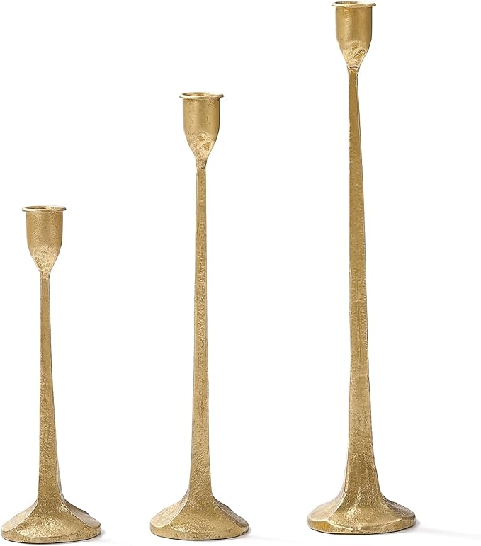 Gold Taper Candle Holders Set of 3, Heavy Candlestick Holders Decorative Candle Stand for Table Centerpiece, Cast Iron Candle Stick Holder Decor