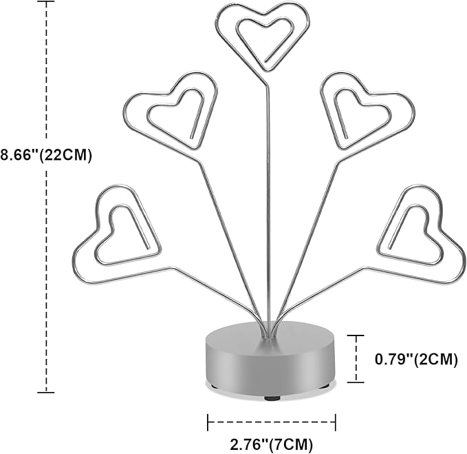 Desktop Heart-Shaped Photo Tree Style Holders Round Base,5-Branch Family Picture Frame Clips Holder Desk Card Display Stand for Christmas,Wedding, Birthday Party,Gift Silver