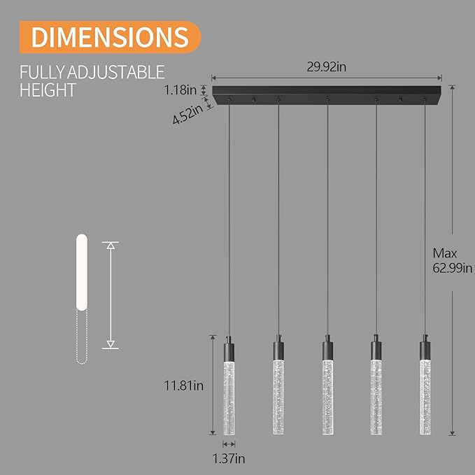 Kitchen Island Lighting Modern Light Fixture Black Pendant Light Dimmable LED Black Finish Mini Crystal Pendant Lights for Dining Room Living Room（5-Light）
