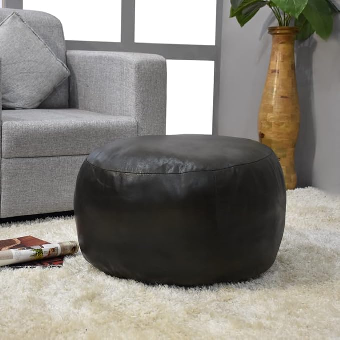 PF12 Goat Leather Handmade Eco-Friendly Green Pouf - Round Shape, 14" x 14" x 14", Plain Solid, Recycled Cotton Filled