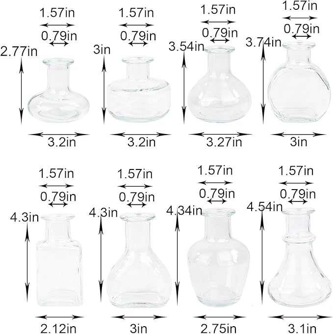 Bud Vases in Bulk Small Glass Clear Vase Set of 8 Different Shape Smooth Surface Vintage Mini Tiny Vases Modern Cute for Flowers Table Wedding Decor Centerpieces Home Party Dining Room