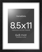 Homeforia 8.5x11 Picture Frame Black Wood, High End Oak 8.5 x 11 Frames with Mat 6 by 8 Print, 8.5by11 Wooden Frame Matted to 6x8 inch Photo, Wall or Tabletop Frame, Tempered Glass, Wall Kit, Set of 1