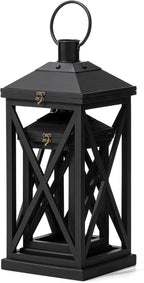 Glitzhome Modern Farmhouse Wooden Lantern Hanging Decorative Candle Lantern for Outdoor & Indoor Black Set of 2 (No Glass)