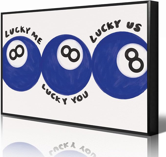 Blue 8 Ball Poster, Lucky Me Lucky You Lucky Us Quote Canvas Wall Art, Playful Billiards Balls Picture Print, Retro 8ball Pool Painting for Bar Cart Game Room Man Caves Wall 24x36in Framed